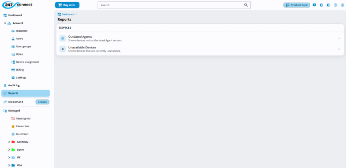 Reports page showing the Outdated Agents and Unavailable Devices reports.
